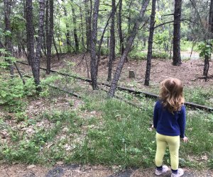 girl looking at railroad tracks along a hiking path