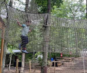 Little boy in a rope bridge at The Adventure Playground