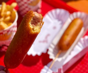 Photo of a crispy corn dog for National Hot Dog Day