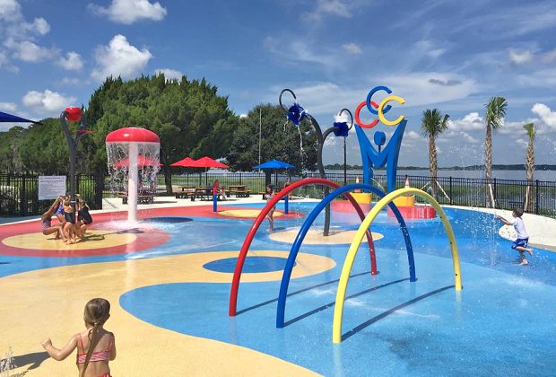 The colorful gated splash pad at Champions Splash Park in Clermont is a hit with kids. Photo courtesy of Winter Garden Adventure