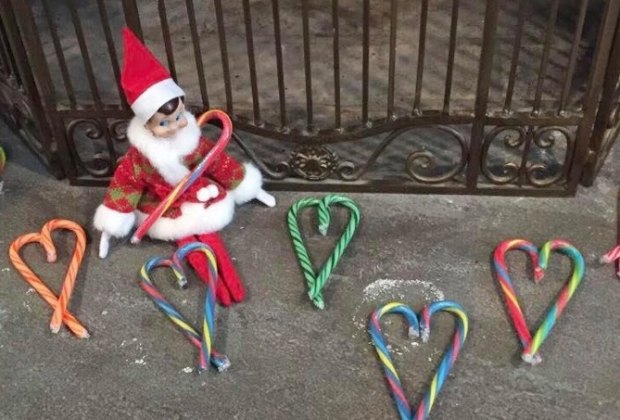 Elf on the Shelf makes candy cane hearts